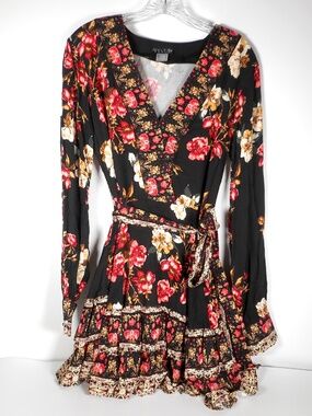 Venus Black Floral Rose Womens 14 Party Cocktail Dress Fit and Flare Long Sleeve
